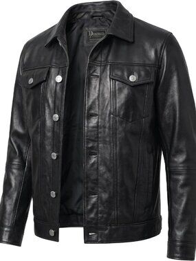 Vintage Trucker Leather Jacket for Men | Real Lambskin, Shirt Collar, Retro